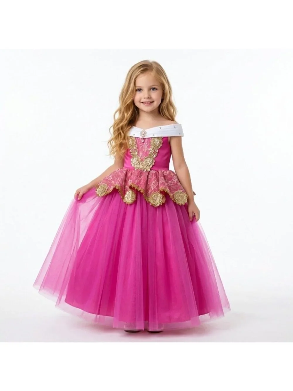 Girls Aurora Sleeping Beauty Princess Costume Dress Pink Gold Tulle Birthday Par